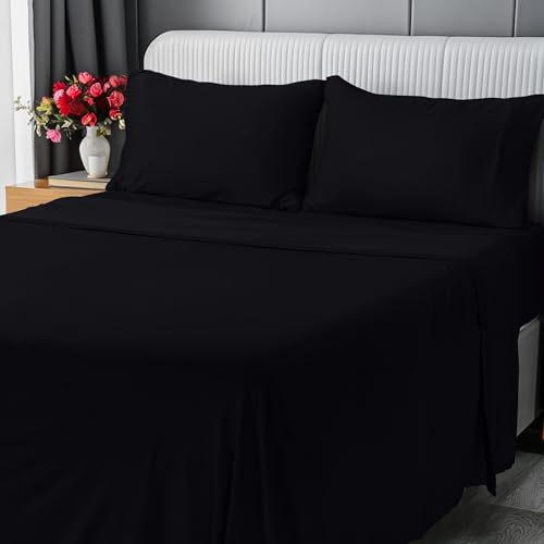 Utopia Jersey Knit 4-Piece Queen Sheet Set Cotton Sheets Soft, Stretchy T-Shirt Fabric (Queen, Black)