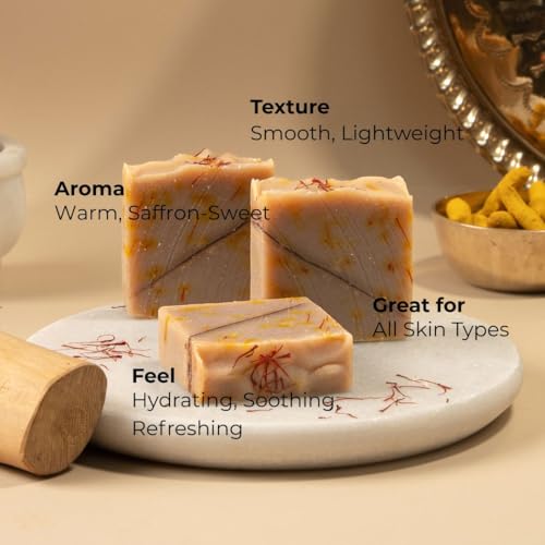 Image of Kesar Chandan Soap | Handmade Cold Processed Soap for Skin Brightening & Exfoliation | Natural, Organic & Paraben-Free | Sandalwood Bar with Added Saffron | For Men & Women, All Skin Types (100gms Pack Of 1)