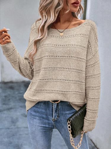 Image of Women's Sweater Soft Boat Neck Long Sleeve Oversized Sweaters Crochet Pullover Knit Tops