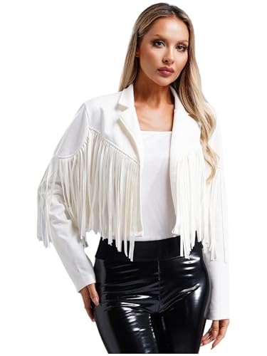 Hularka Women's Faux Leather Fringe Jacket Open Front Long Sleeve Cardigan 80s Hippie Outerwear3