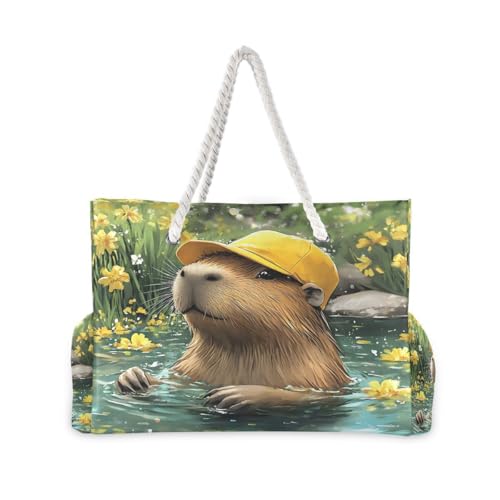 Large Beach Bags Totes Canvas Tote Shoulder Bag Yellow Hat Capybara Water Resistant Bags for Gym Travel Daily2