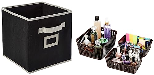 Image of Amazon Brand - Solimo Plastic 3 Piece Storage Basket Set, Brown & Amazon Brand - Solimo Fabric Foldable Storage Organiser, Black