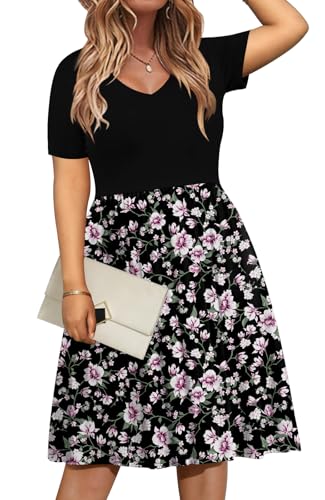 Image of DB MOON Women Plus Size Dresses 2026 Summer Casual V Neck Short Sleeve Knee Length Dress with Pockets