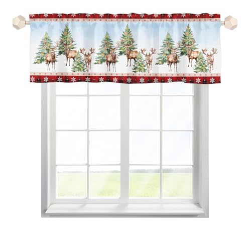 Christmas Deers and Trees Pattern Valance Curtains,Short Curtains Valance for Window,Blackout Valance Curtains,Rod Pocket Valance Window,Christmas Window Curtains for Kitchen Window Bathroom Bedroom