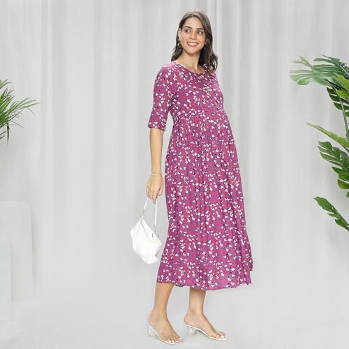 Image of MomToBe Women's Rayon Midi Maternity Dress /Feeding Dress /Pregnancy Dress /A-Line Western Dress with Zippers for Nursing Pre and Post Pregnancy - Floral Print