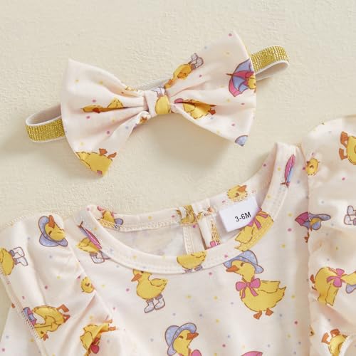 Newborn Baby Girl Easter Outfit Bunny Duck Print Romper Ruffle Long Sleeve Jumpsuit with Headband Cute Clothes4