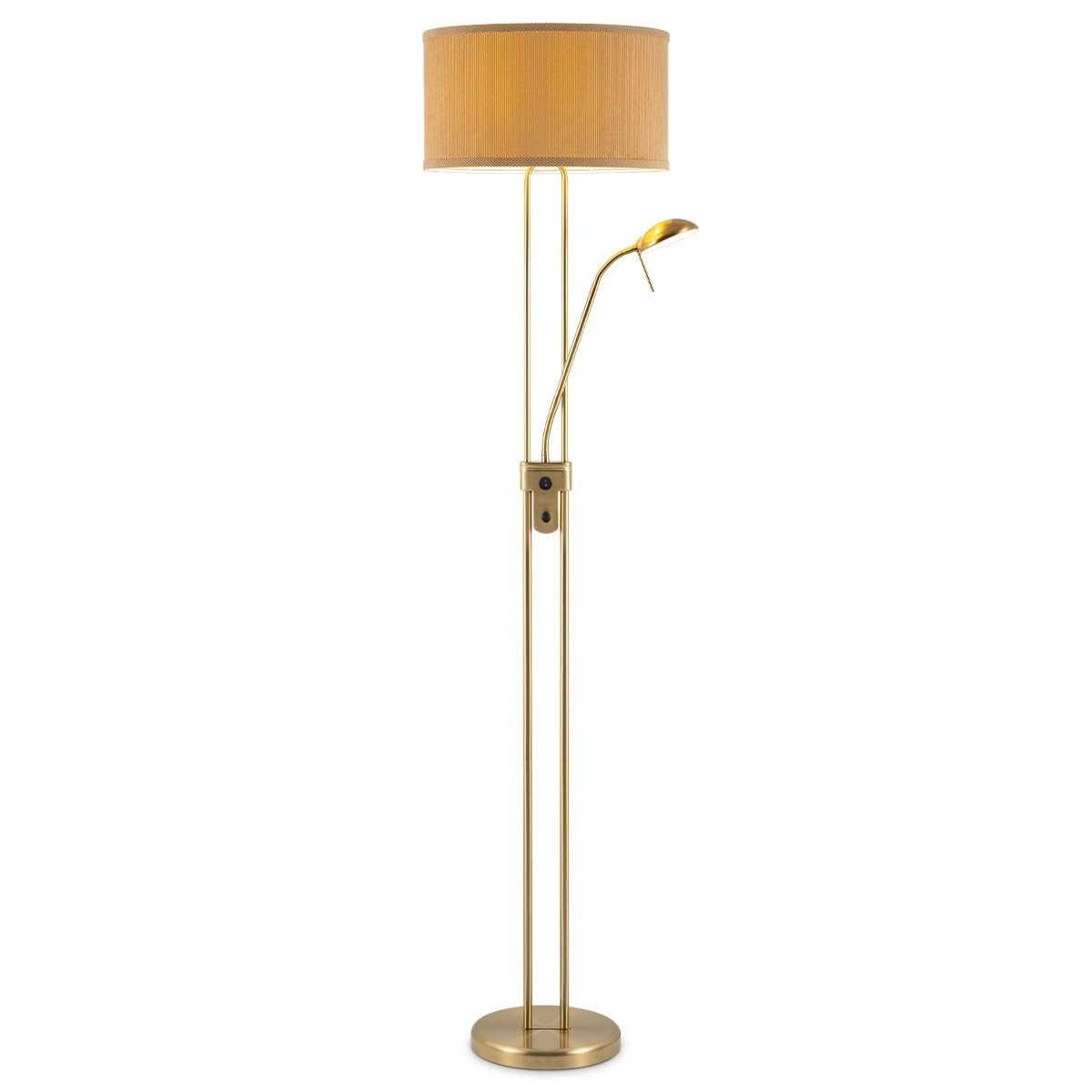 Home Sweet Home Piantana uplighter con lampada da lettura dimmerabile – Lampada da terra per soggiorno in ottone, lampada LED da 170 cm con paralume in tessuto, incluse lampadine E27 e G9