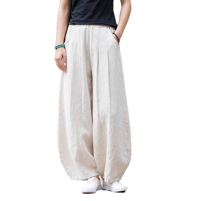 Summer Women's Linen Cotton Lantern Pants Casual Boho Palazzo Wide Leg Trousers with Elastic Waist