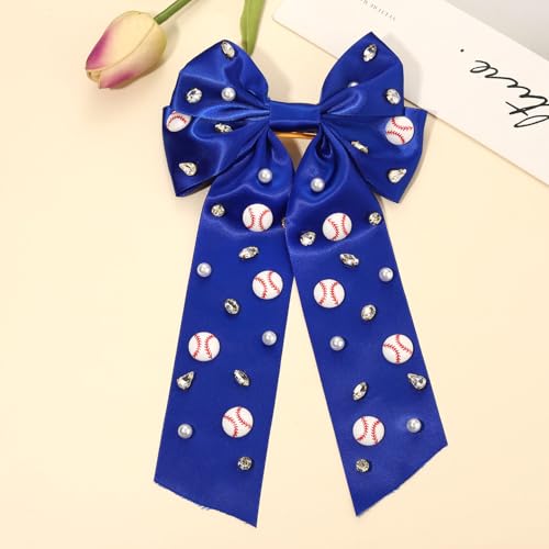 Baseball Hair Bows Accessories for Women Jeweled Rhinestone Large Red Blue Bows Big Softball Hair Ribbon Clips Game Day Hair Bows Baseball Mom Team Hair Accessories Outfits Party Favors (Blue 1) miniatura 5