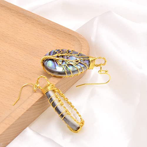 Tree Of Life Hand Wrapped Sea Abalone Shell Earrings For Women, Yellow Gold Plated Sterling Silver French Wire #TOP3