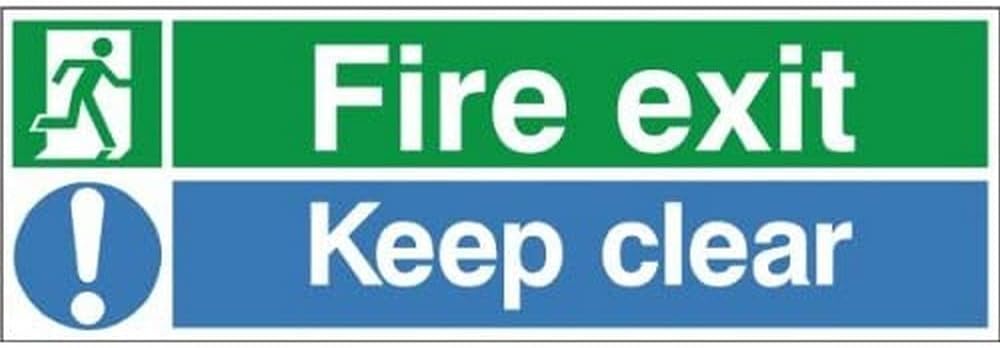 UK Safety Store Fire Exit Keep Clear Sign Green/Blue 600x200 Self Adhesive (Buy x10 Save 30%)