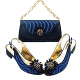 Italian Design Nigerian Low Heels and Clutch Bag Set for Women Appliques Shoes and Bag Set Dark Blue 43