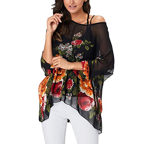 Image of Ckikiou Plus Size Batwing Flowy Semi Sheer Chiffon Blouse Tunic for Women Summer Floral Print Boho Beach Cover ups