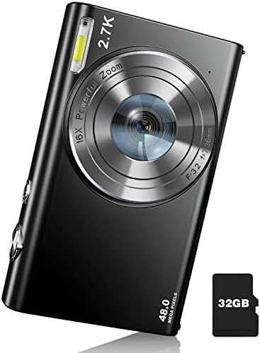 Digital Camera Auto Focus 2.7K 48MP Digital Point and Shoot Camera with 32GB Memory Card,16X Zoom, Time Lapse Vlogging Camera Digital Cameras for 8-15 Years Kids Teenagers Students Boys Girls Black