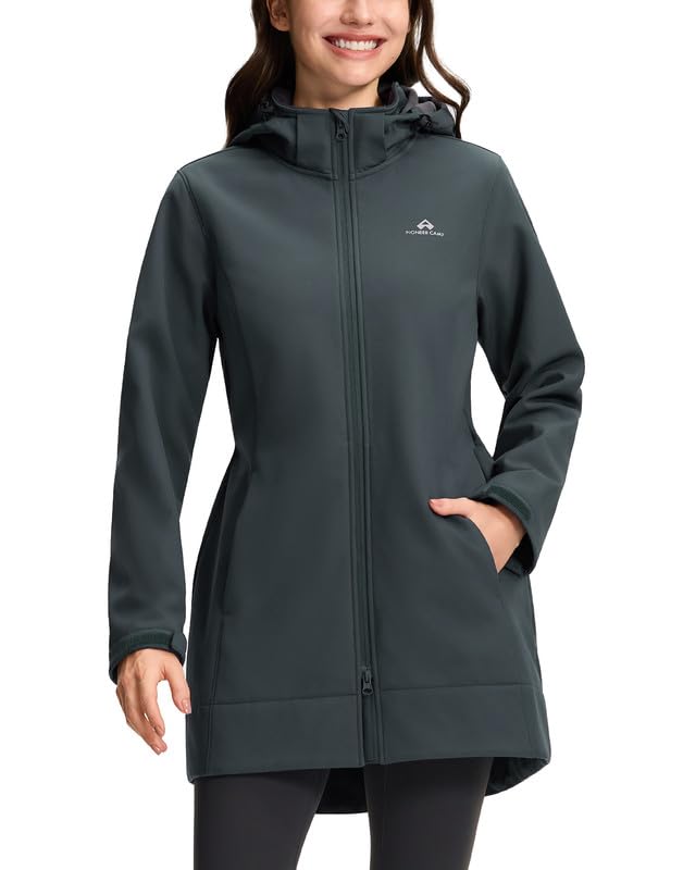 Pioneer Camp Softshelljacke für Damen Lang Fleece Softshellmantel mit Kapuze Wasserdicht & Winddicht Jackes Verstellbare Taille Regenparka mit ReißVerschluss Taschen für Wandern für Wandern Laufen