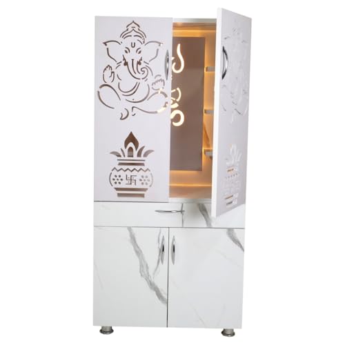 Image of White Marble Finish Mandir for Home with LED Light | OM Trishul Design | Large Size 130 x 60 x 34 cm | Modern Wooden Temple with Storage