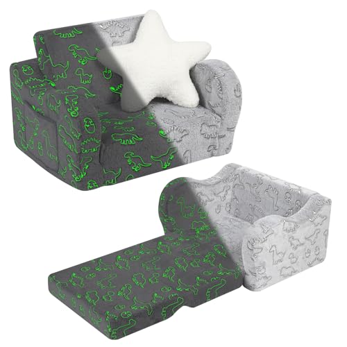 Image of MOMCAYWEX Toddler Couch, 2-in-1 Kids Soft Couch Fold Out with Star Pillow, Foldable Sofa to Lounger, 1-Seat, Glow in The Dark