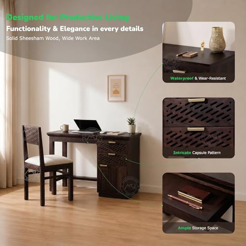 Image of NSH Solid Sheesham Wood Study Table with Chair | Wooden Writing Desk with Drawer & Door Storage | Pre-Assembled Computer Desk Workstation for Home Office & Study Room | Walnut Finish