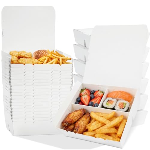 DTFMZOV 30 Pack 60 oz Take Out Food Containers, 3-Compartment Take Out Boxes, Large Paper To Go Containers, Microwavable, Leak and Grease Resistant for Restaurants, Picnics, Offices and Catering