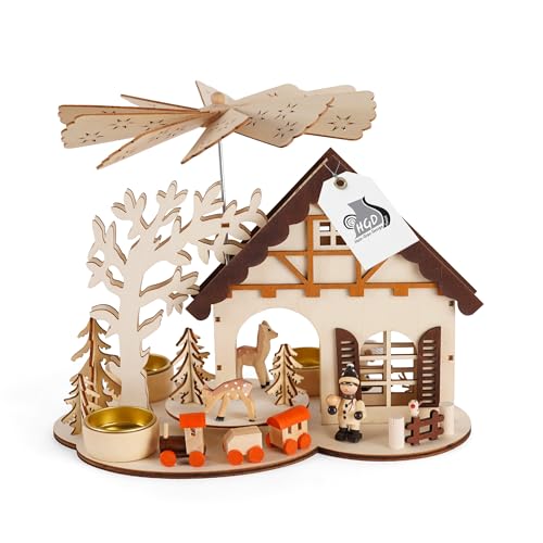 Image of HGD Deer House Pyramid for Three Tea Lights, Wood, Brown/White, 27.5 x 16.5 x 23 cm