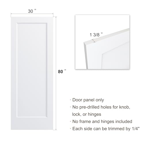 Image of BARNSMITH 30x80 in 1-Panel White Primed Molded Door Slab, Shaker Style Paintable Hollow Core Interior Door Panel, for Pocket, Swing, Sliding Door, Durable and Lightweight, No Assembly Required