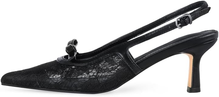 Image of MAVMAX Slingback Mesh Lace Heels for Women Kitten Heels Pumps with Buckle Bow Tie Pointed Close Toe Dress Casual Office Party Shoes,Mesh Black,US8.5