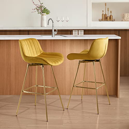 Art Leon Swivel Bar Stools Set Of 2, 29" Counter Height Bar Stools With Back, Velvet Upholstered Counter Stools Chair, Gold Bar Stools For Kitchen Counter, Yellow #TOP6