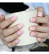 FURUBETA Press on Nails Short Square French Fake Nails Full Cover Pink Acrylic Nails for Women an...