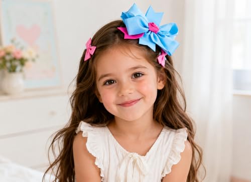 Image of BABIES BLOOM Designer Red Hair Bow, Baby Headband and Hair Accessory Set (Set of 5) (Blue Pink Flower With 2 Little Bow Clip)
