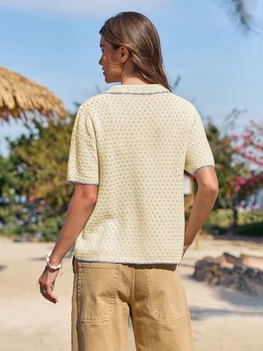 Image of Yousify Womens Casual Summer Short Sleeve Sweaters Button Down Crochet Knit Tops 2026 Loose Cute Cardigan Sweater