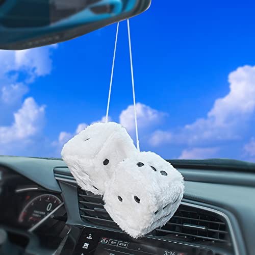 Image of 2.95'' Retro Fuzzy Plush Dice Car Charm Square Plush Dice Car Rear View Mirror Hanging Ornament Car Mirror Hanging Accessories, White