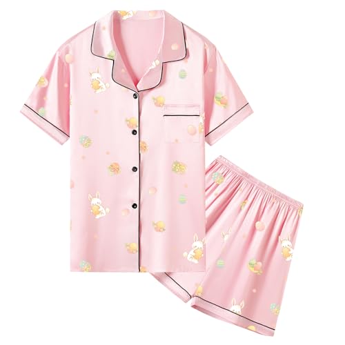 Image of Umeyda Women & Girls Pajamas Set, Soft Satin Lightweight Silk Button-Down Top with Shorts 2 Piece PJS for Mom Boys Kids Gifts