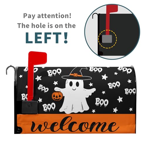 Image of Halloween Ghost Boo Mailbox Cover Magnetic Large Size 25.5 x 21 Inch Halloween Pumpkin Mail Box Covers Fall Mailbox Wraps Welcome Letter Post Box Decoration for Home Garden Yard Outdoor Outside
