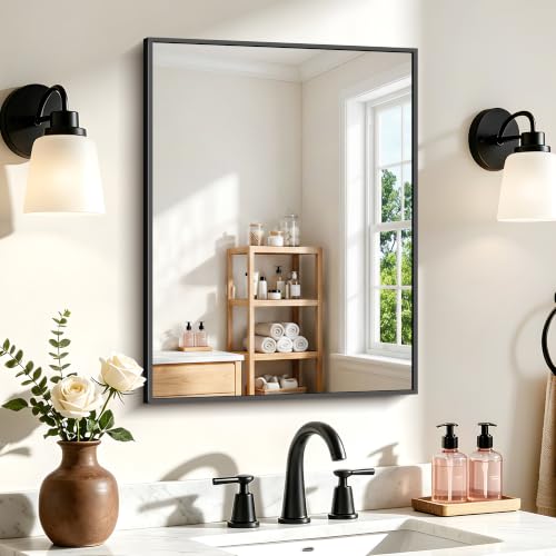 Image of COFENY Black Bathroom Mirror for Wall, 18x24 Inch Rectangle Mirror with Metal Frame, Modern Vanity Mirrors for Bathroom Living Room, Entryway Hangs Horizontal or Vertical