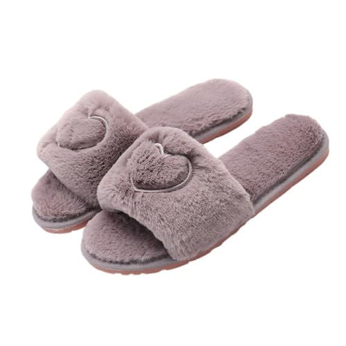 Heart Embroidered Fluffy Slippers, Soft Plush Lining Bedroom Slippers, Comfort Wide Band Cute Warm Footwear Slip On Slides for Fall & Winter for Back To School Gifts, Fall Freshness Indoor Shoes