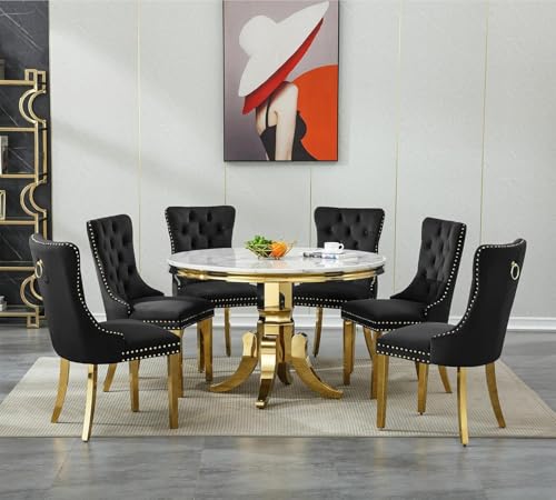 Image of 7-Piece Round Dining Table Set for 6, 45 inch Faux Marble Kitchen Tables Set with 6 Black Tufted Chairs, White Gold Circle Dining Table with Steel American-Base, Round Dining Room Table Set for 6