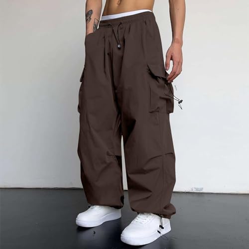 Mens Fashion Baggy Cargo Pants Drawstring Elastic Waist Parachute Overalls Loose Fit Sweatpants Casual Trousers3