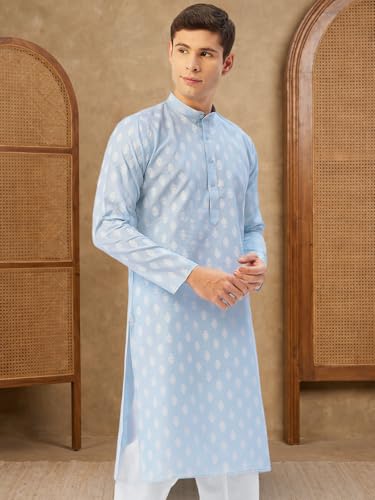 Image of Jompers Men Sky and White Floral Printed Kurtas (Sky, 4XL)
