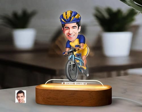 Image of THE GRANDEUR Caricature Gift for Men, Personalized Bicycle Cartoon LED Light Gift - Custom Cyclist Figurine with Wooden Stand, Unique Birthday Gift for Him, (15 x 6 cm)