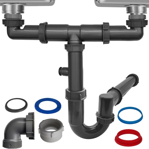 1-1/2 Double Sink Drain Pipe Kit with P-Trap Wall-Outlet Complete Plumbing Replacement for Double Kitchen Sinks