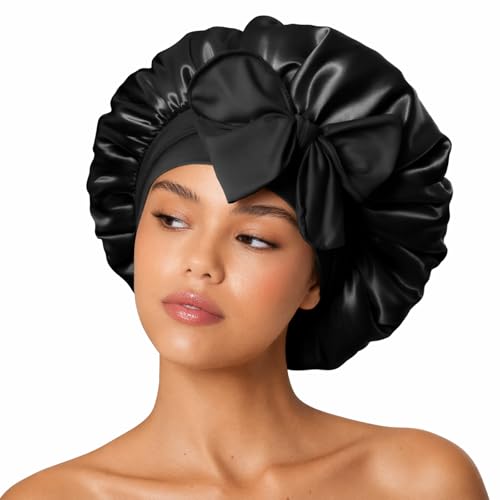 FOLAI Silk Bonnet Satin Bonnets for Sleeping 1 PCS Adjustable Hairs Bonnetss for Women and Hairs Band Hairs Silk Bonnet for Sleeping Hairs Bonnets with Tie Band for Curly Hair Braid Women Black