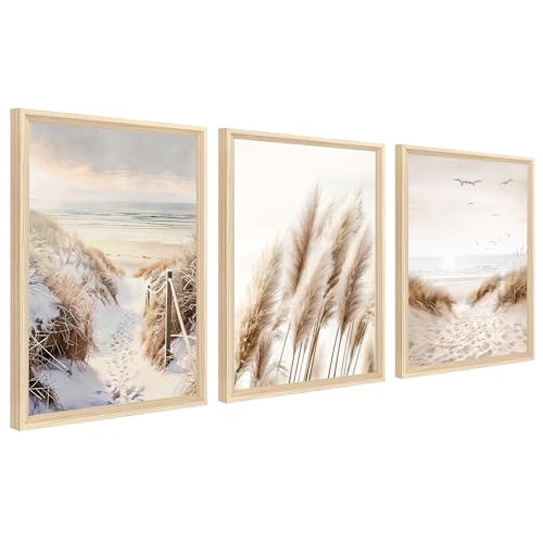 3Pcs Cadre en bois Impression sur Toile Nature Plage Paysage Marin de la Baltique Tableau Peinture Herbe de la Pampa Roseau Tableau Decoration Murale Salon...