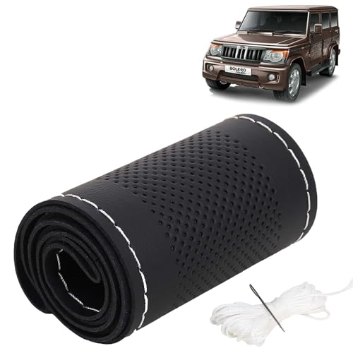 Image of KINGSWAY PU Leatherite Car Steering Cover Sewable Compatible with Mahindra Bolero (Year 2020 Onwards), Black Color with Silver Thread, Pack of 1 with Sewing Needle and Thread