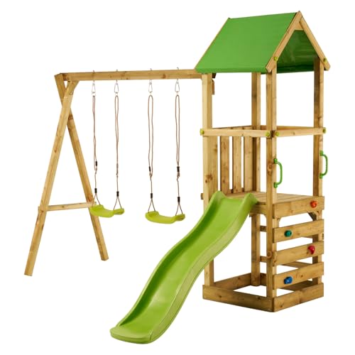 Kangui - Aire de Jeux Bois Enfant WALLI 90 - Toboggan, balançoires, Escalade et cabane