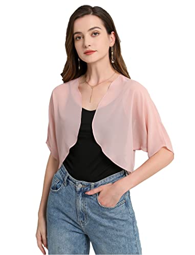 Zudanal Women Shurg Soft Chiffon Sheer Bolero Shrug Open Front Short Sleeve Cardigans For Evening Dress Blush L #TOP1