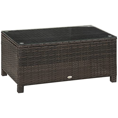 Outsunny Mesa de Jardín de Ratán Sintético Mesita Auxiliar con Vidrio Templado para Terraza Patio Balcón 85x50x39 cm Marrón