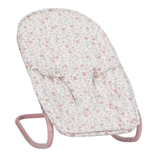 Little Dutch Puppenwippe Puppensitz für Babypuppen Puppen von 33 bis 46 cm Baumwollbezug mit Sicherheitsgurt und Metallgestell - Soft Flowers Weiß/Rosa