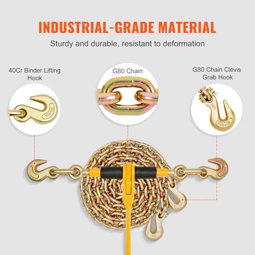 VEVOR Chain and Binder Kit, 3/8"-1/2" Ratchet Load Binders 9200 lbs Working Load Limit, 3/8" x 10' G80 Chains with Grab Hooks, Ratchet Binders and Chains for Truck, Tie Down, Hauling, Towing, 2 Set by VEVOR - Image 3
