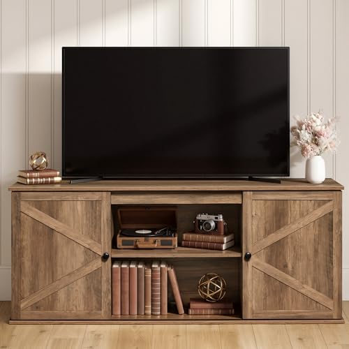 VASAGLE Farmhouse TV Stand for TVs up to 65 Inches Entertainment Center with Storage Cabinets and Sliding Barn Doors Media Console Table for Living Room Honey Brown ULTV535K101