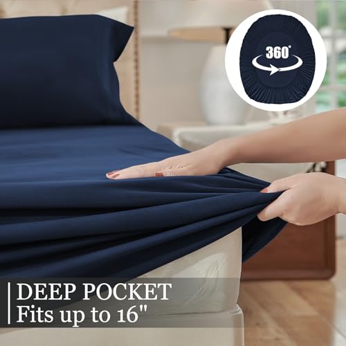 Yibeizi Queen Sheet Set Cooling Sheets Deep Pocket Queen Size Bed Sheets Set, Navy Blue Soft Microfiber Oeko-Tex Sheets & Pillowcases Hypoallergenic Wrinkle Free Bedsheets - Image 6